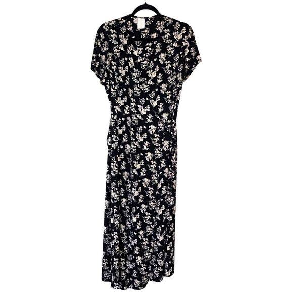 Vintage 90's Old Navy Wrap Maxi Dress 12 Navy Tan Floral Cottagecore - Picture 1 of 6